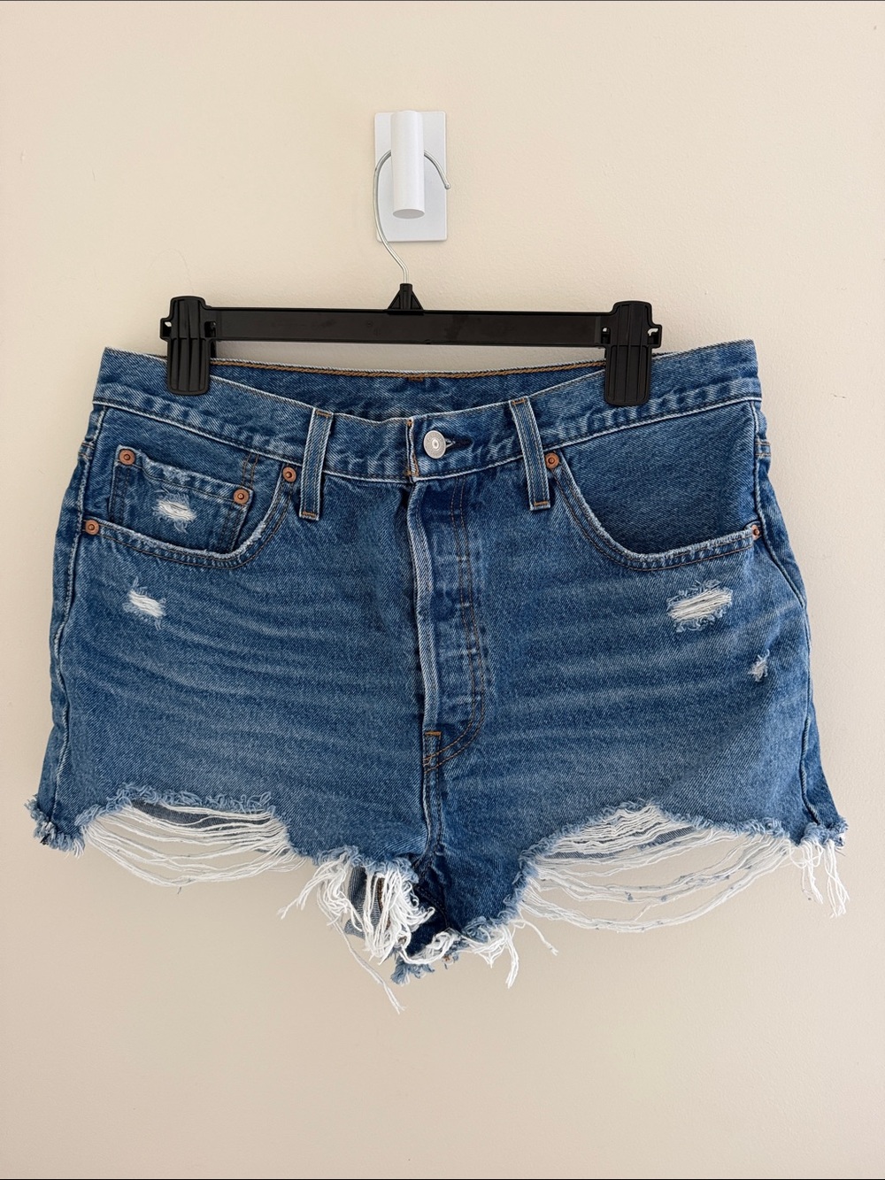 Levi's 501 Distressed Dark Blue Denim Cutoff Jean Shorts
